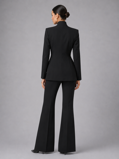 Women's Collarless Blazer and Wide Leg Trousers Suit Set
