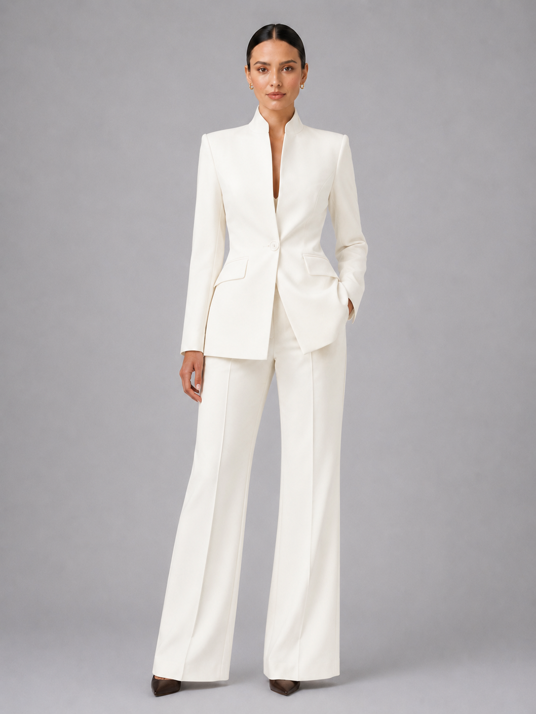 Women's Collarless Blazer and Wide Leg Trousers Suit Set