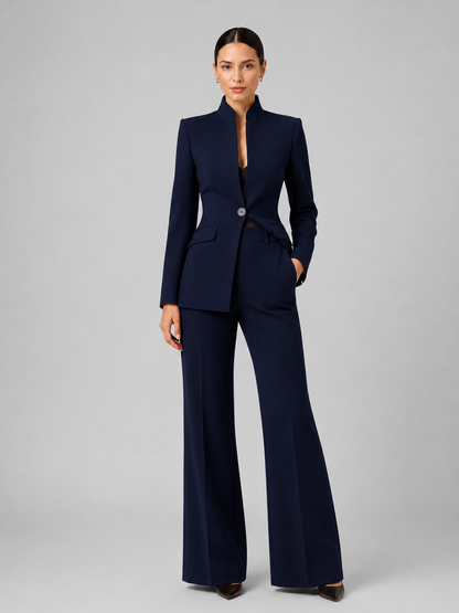 Women's Collarless Blazer and Wide Leg Trousers Suit Set