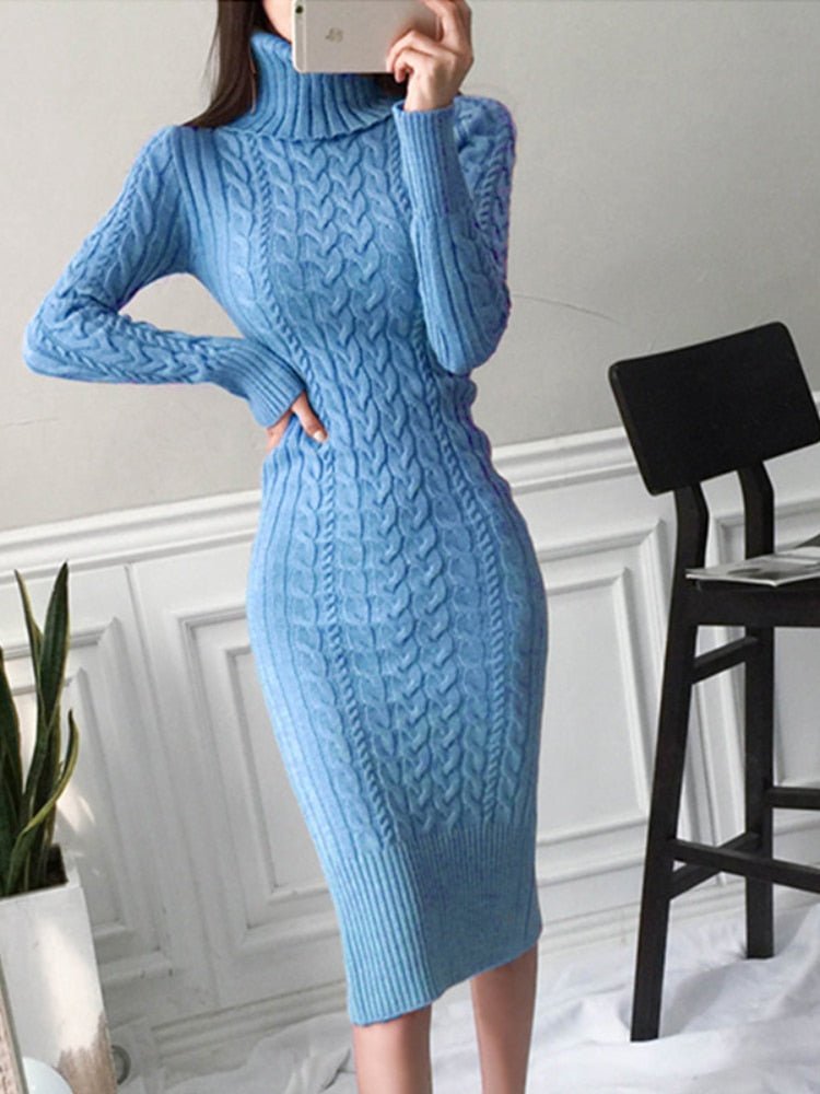 Cable Knit Roll Neck Fitted Midi Dress