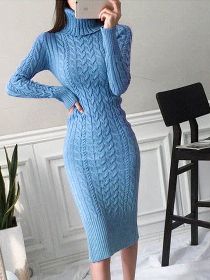 Cable Knit Roll Neck Fitted Midi Dress