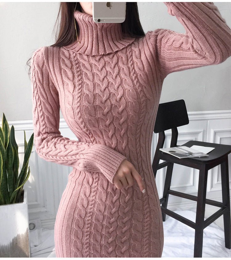 Cable Knit Roll Neck Fitted Midi Dress