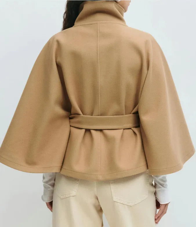 Women's Belted Cape Coat With Stand Collar