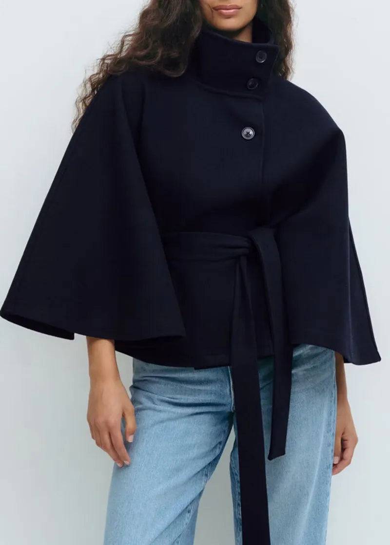 Women's Belted Cape Coat With Stand Collar