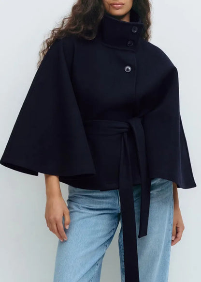 Women's Belted Cape Coat With Stand Collar