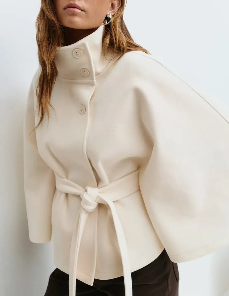 Women's Belted Cape Coat With Stand Collar