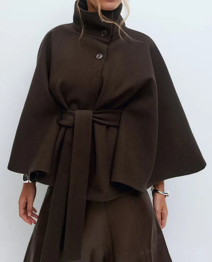 Women's Belted Cape Coat With Stand Collar