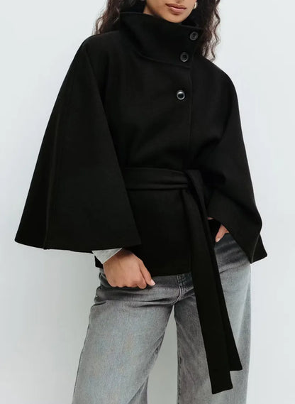 Women's Belted Cape Coat With Stand Collar