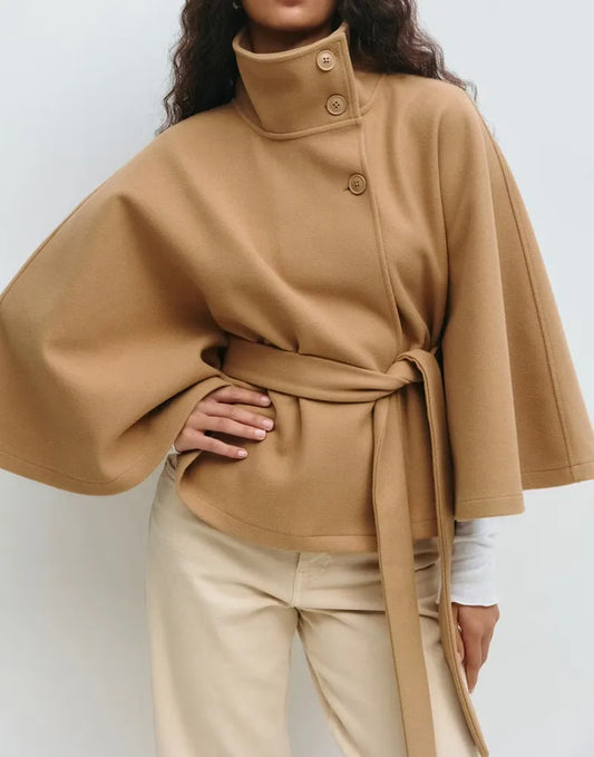 Women's Belted Cape Coat With Stand Collar
