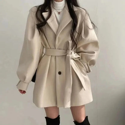 Women's Oversized Belted Trench Coat with Puff Sleeves