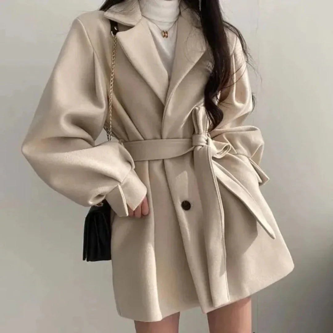 Women's Oversized Belted Trench Coat with Puff Sleeves