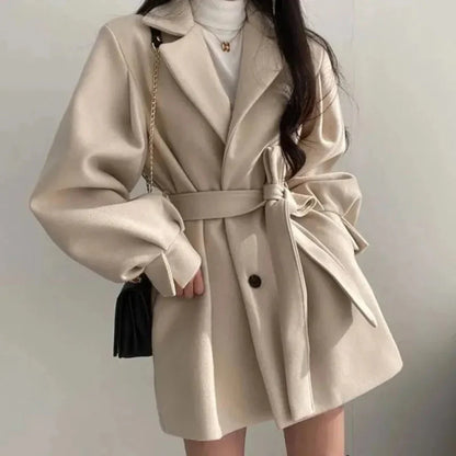 Women's Oversized Belted Trench Coat with Puff Sleeves