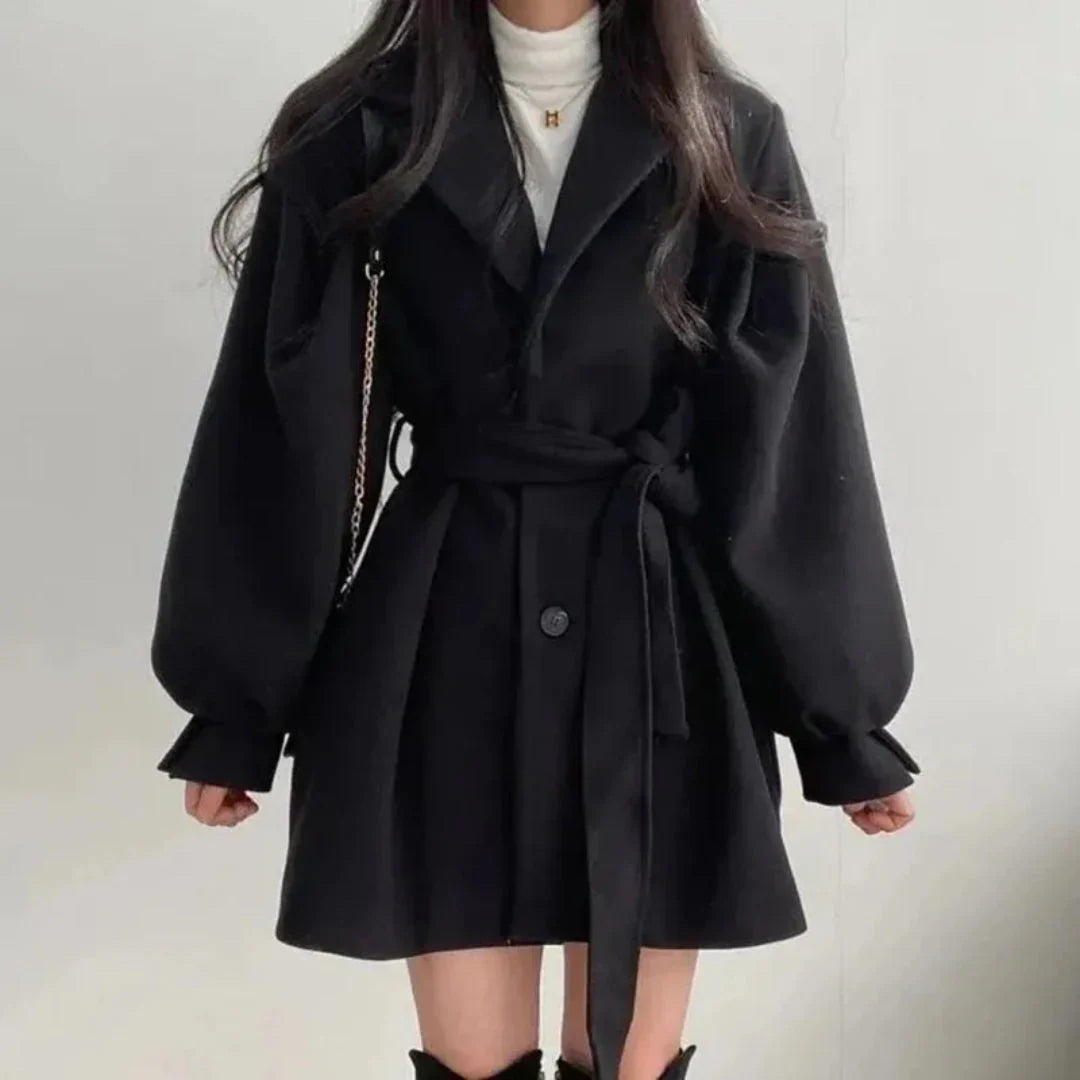 Women's Oversized Belted Trench Coat with Puff Sleeves