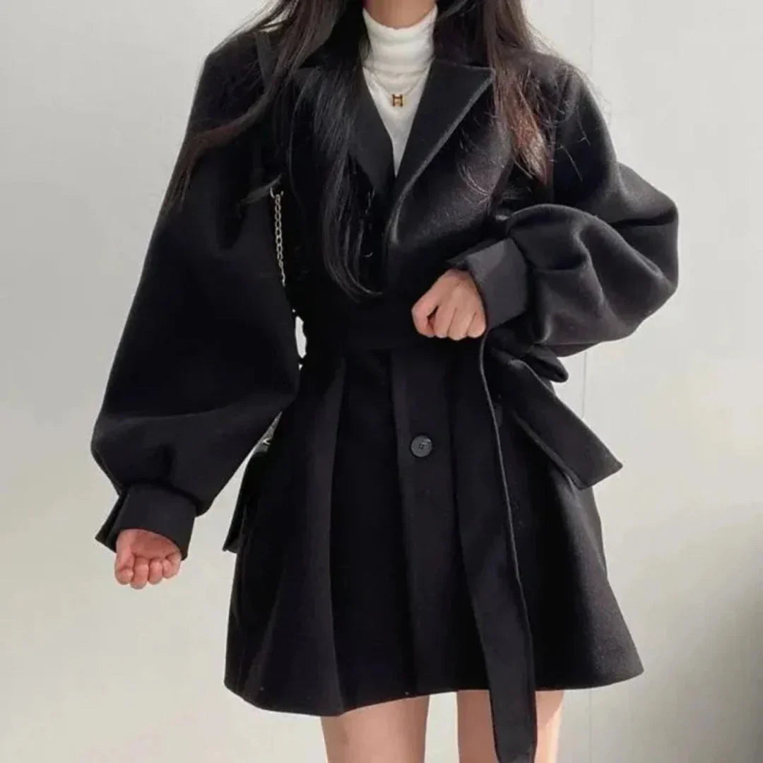 Women's Oversized Belted Trench Coat with Puff Sleeves