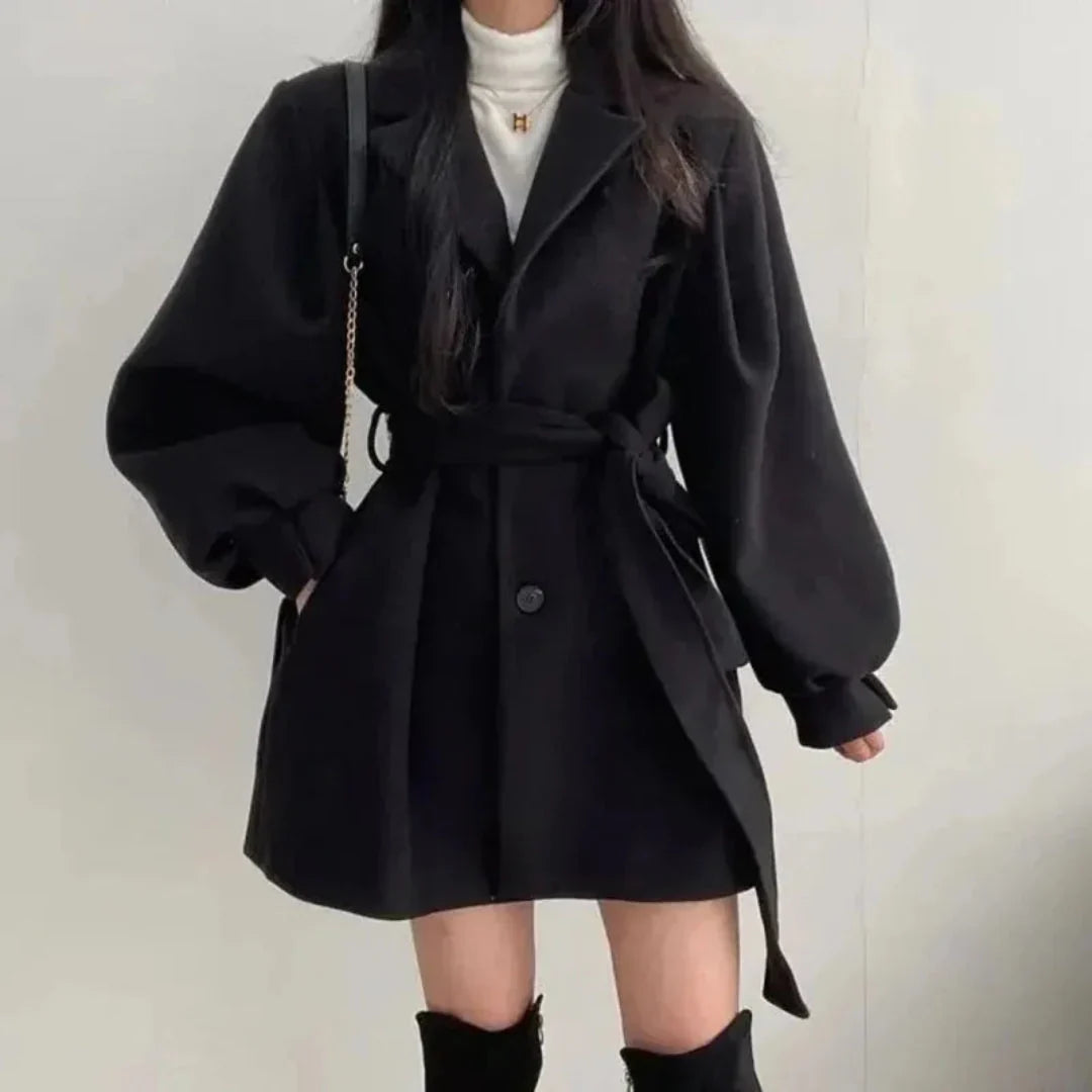 Women's Oversized Belted Trench Coat with Puff Sleeves