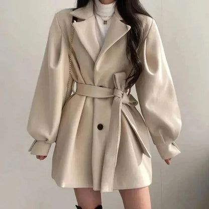 Women's Oversized Belted Trench Coat with Puff Sleeves