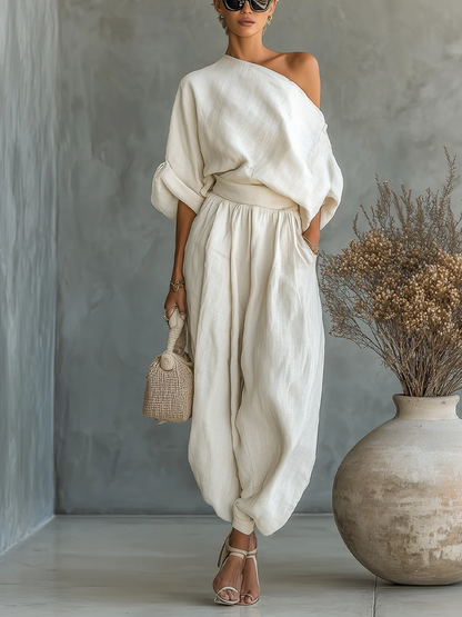 Off Shoulder Two-Piece Set With Tapered Trousers