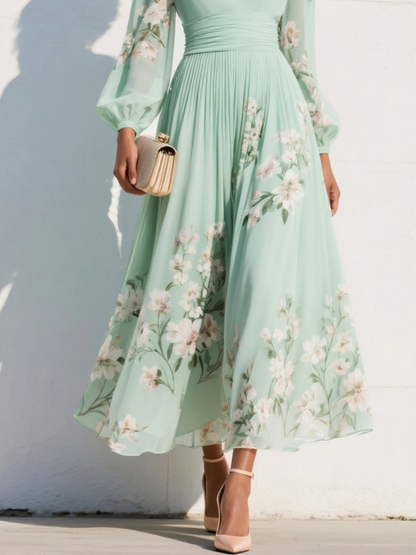 Floral Embroidery V Neck Chiffon Midi Dress