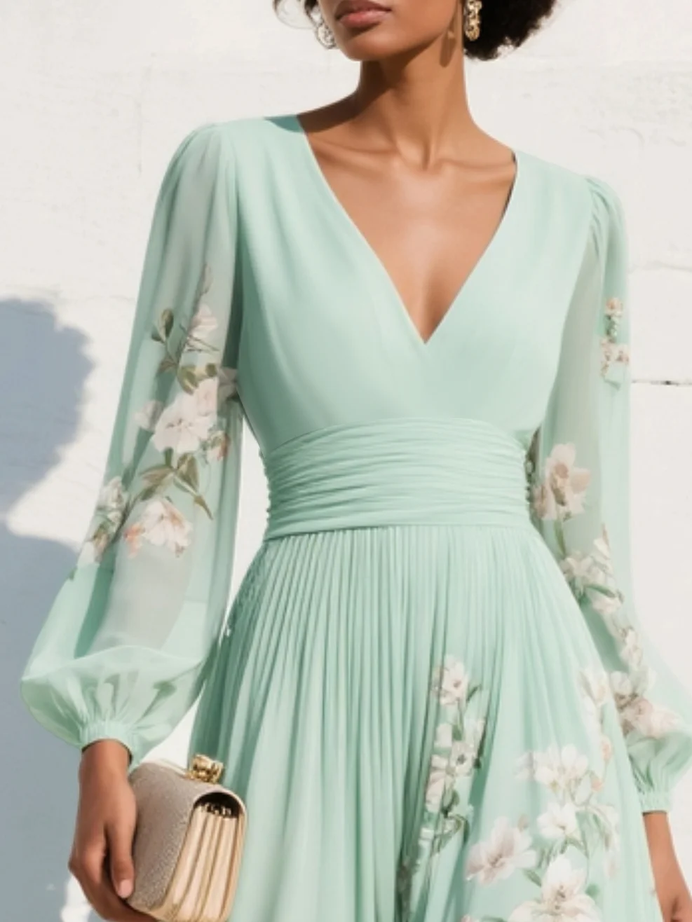 Floral Embroidery V Neck Chiffon Midi Dress