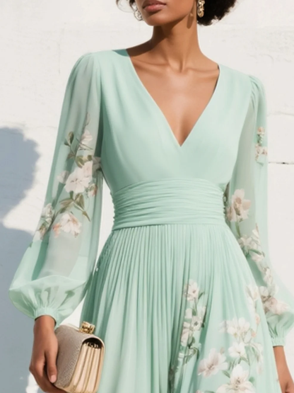 Floral Embroidery V Neck Chiffon Midi Dress