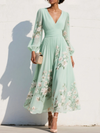 Floral Embroidery V Neck Chiffon Midi Dress