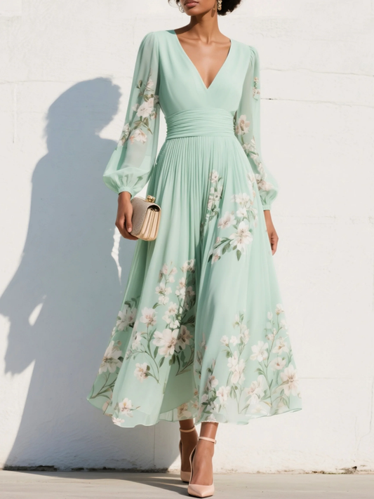 Floral Embroidery V Neck Chiffon Midi Dress