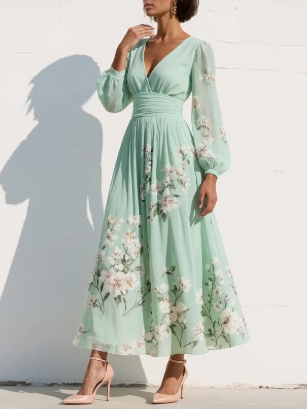 Floral Embroidery V Neck Chiffon Midi Dress
