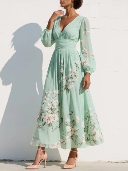 Floral Embroidery V Neck Chiffon Midi Dress