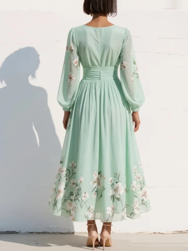 Floral Embroidery V Neck Chiffon Midi Dress