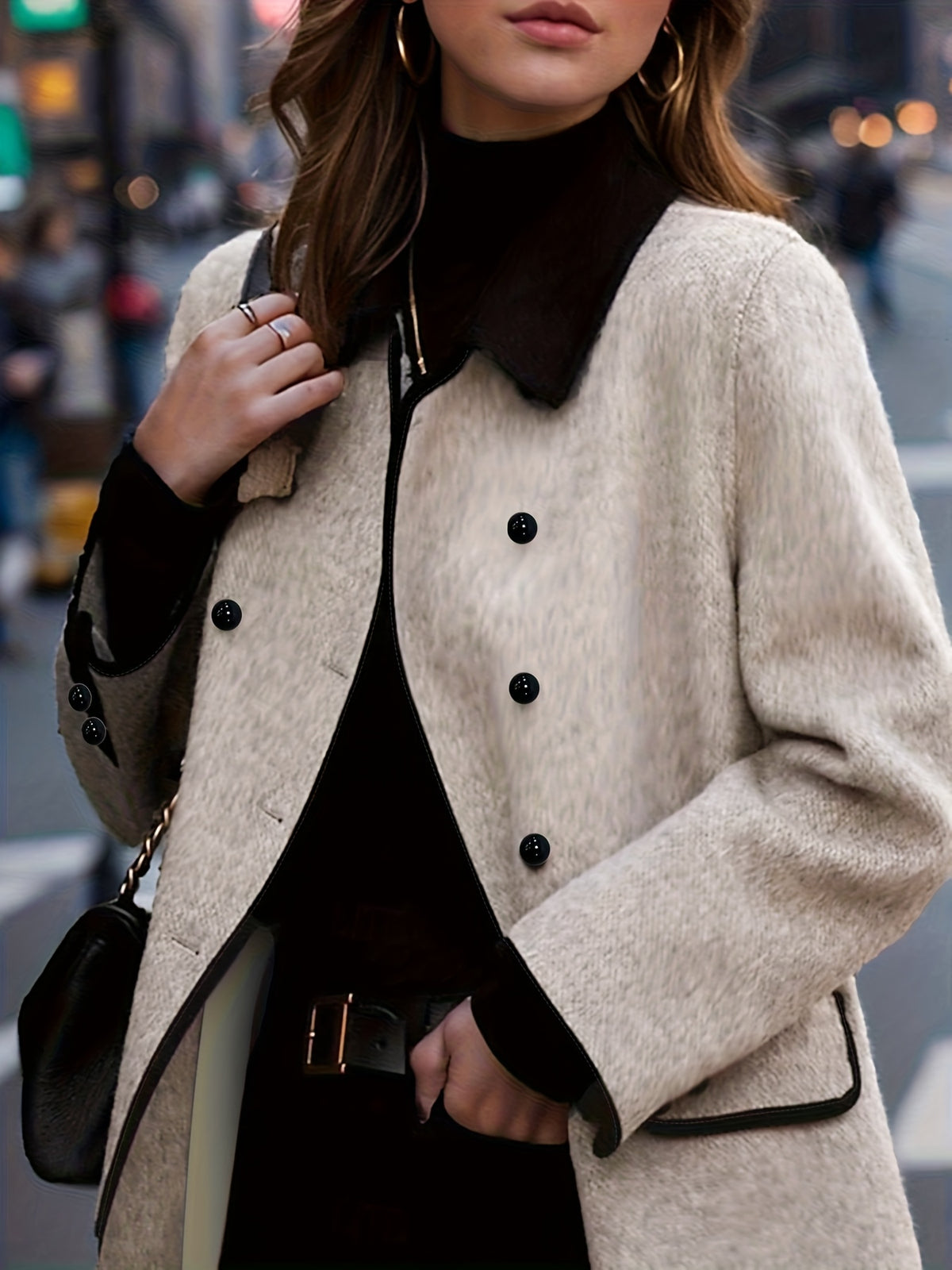 Women's Double-Breasted Contrast Trim Midi Coat