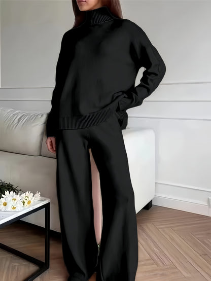 Women's Turtleneck Knit Jumper and Wide-Leg Trousers Set
