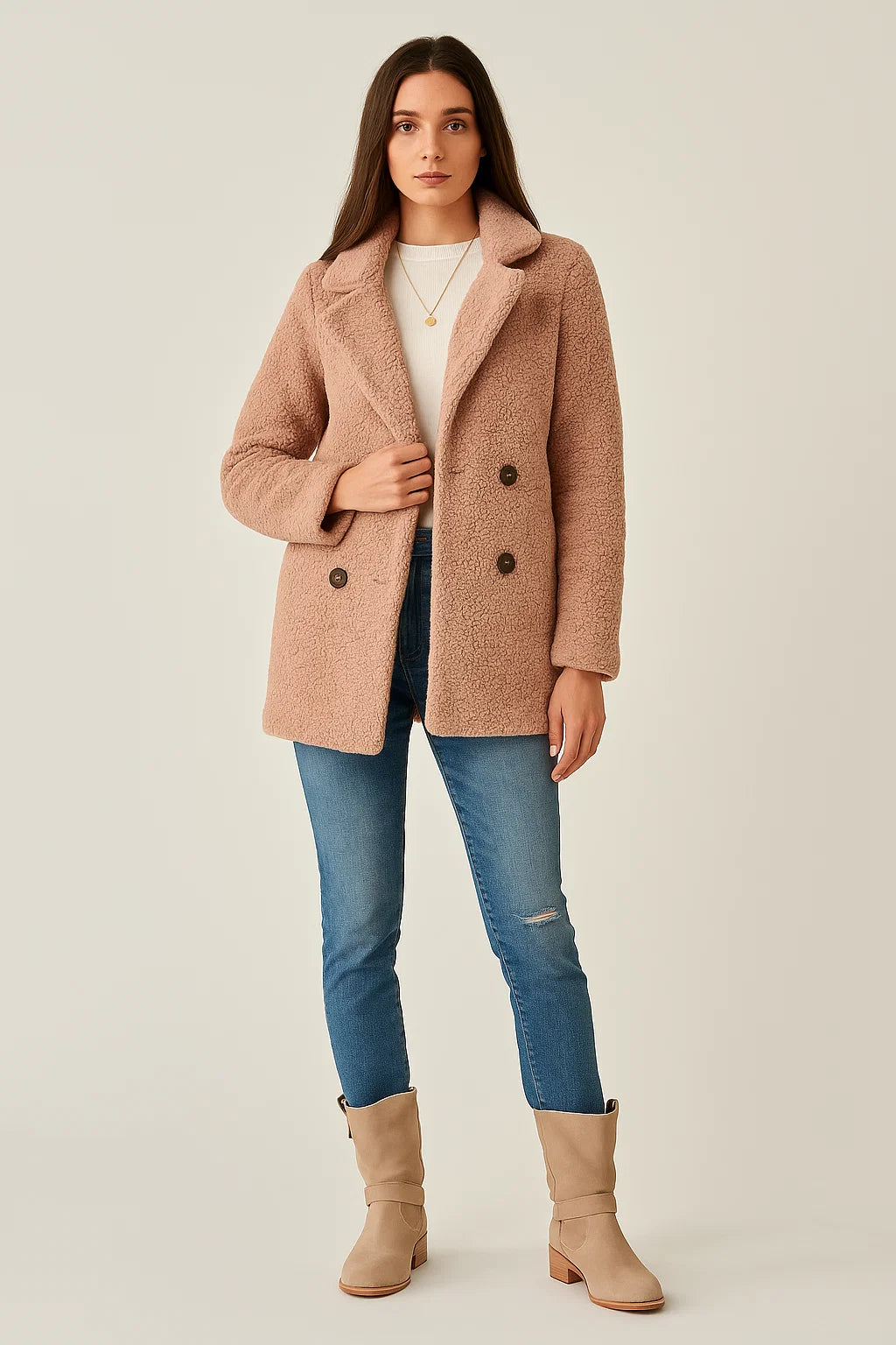 Teddy Coat – Double-Breasted – Notched Lapel – Mid Length