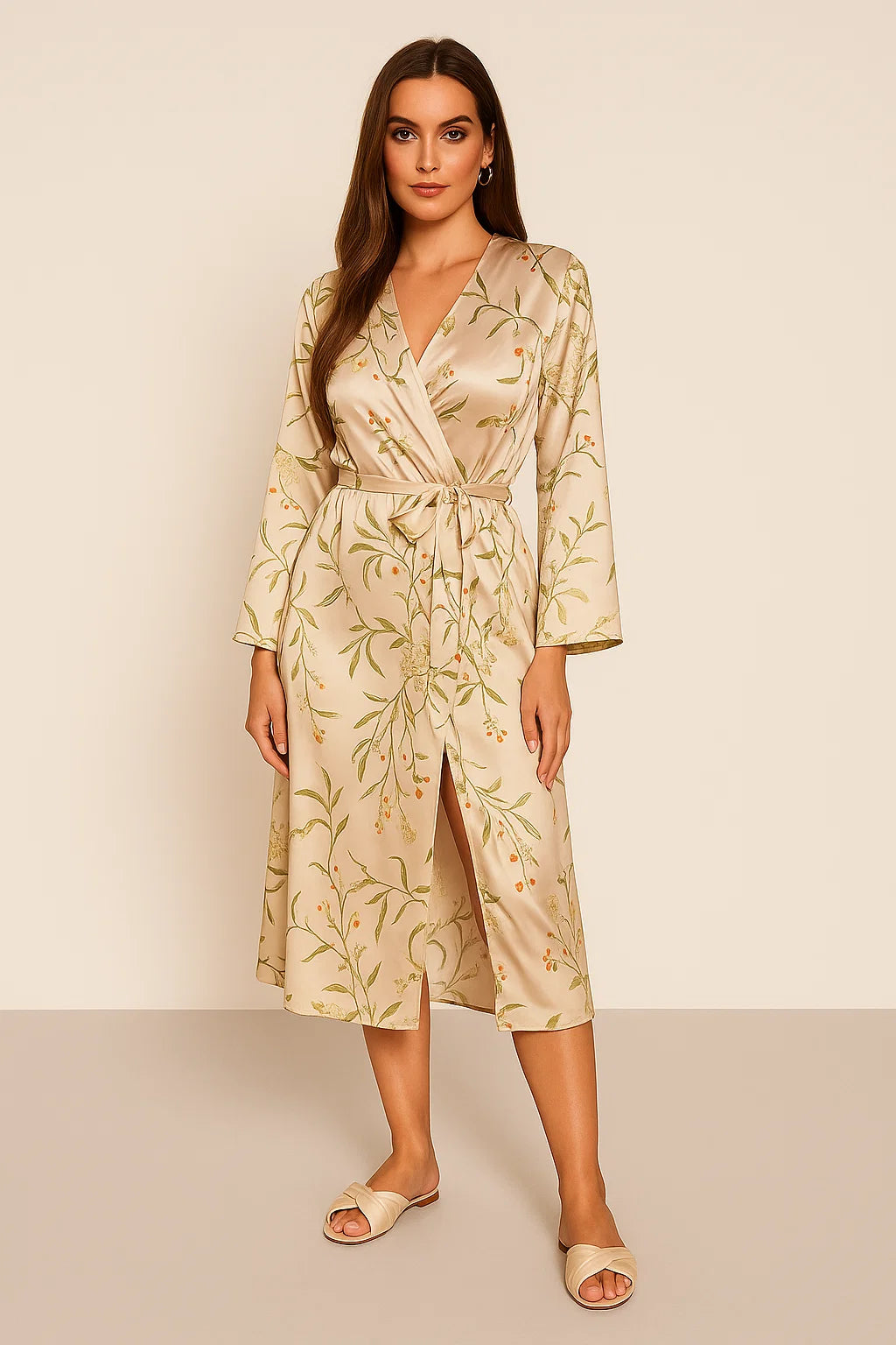 Dressing Gown – Wrap Fit – Waist Tie – Long Sleeves – Floral Print