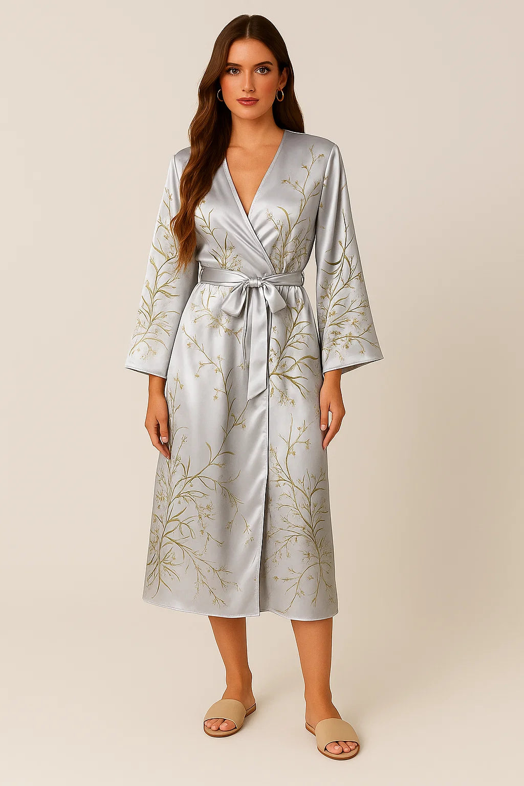 Dressing Gown – Wrap Fit – Waist Tie – Long Sleeves – Floral Print