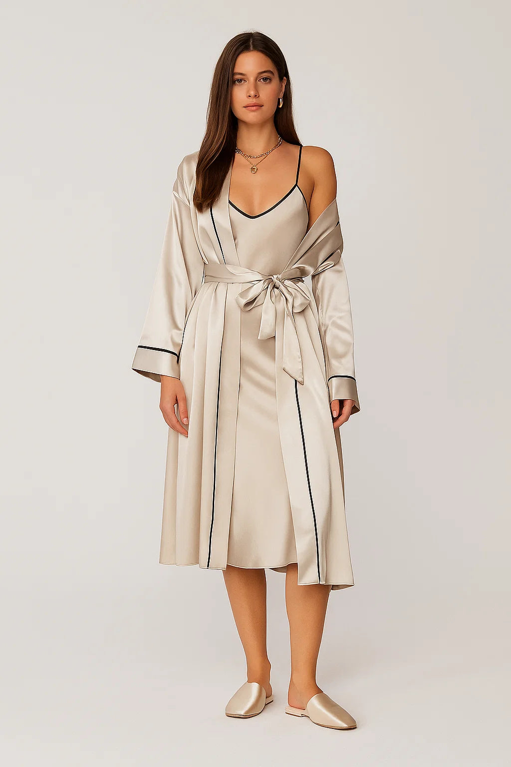 2-Piece Pyjama Set – Robe & Slip Dress – Long Sleeve – Elegant Loungewear