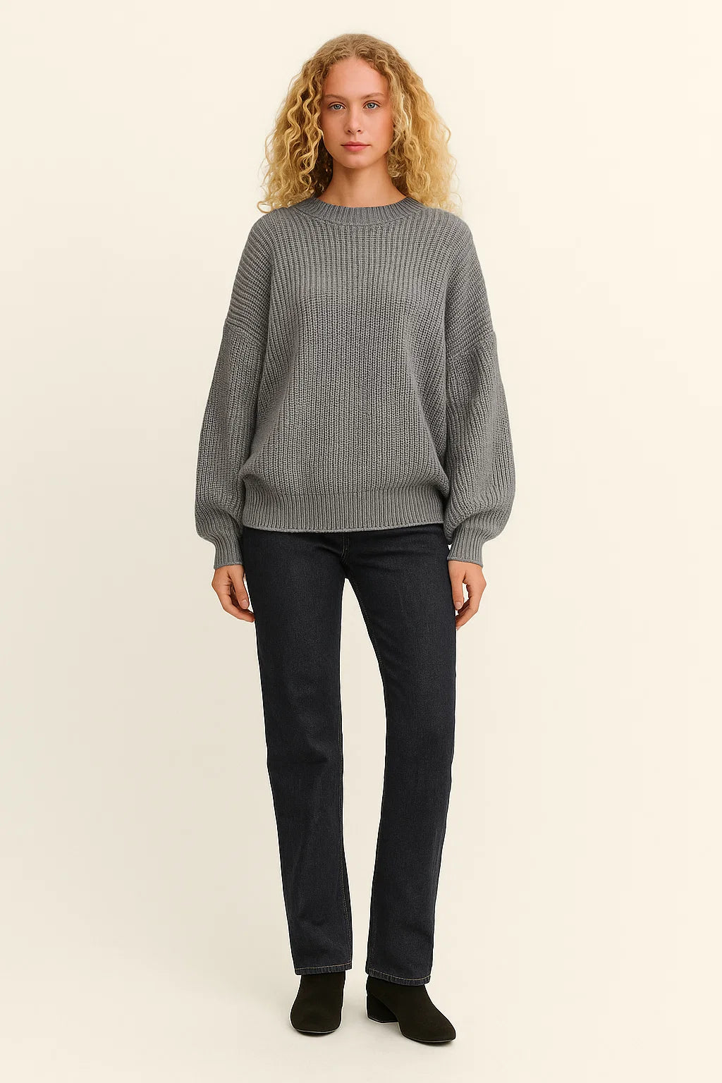 Oversized Balloon Sleeve Sweater – Ribbed Knit – Crew Neck