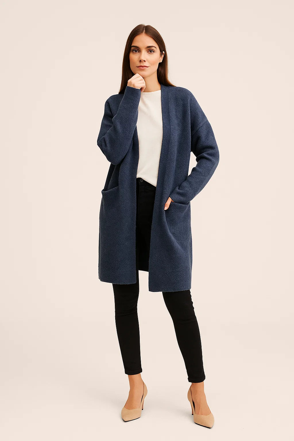 Women’s Long Open Front Cardigan – Knee-Length Duster with Pockets – Soft Knit Layer