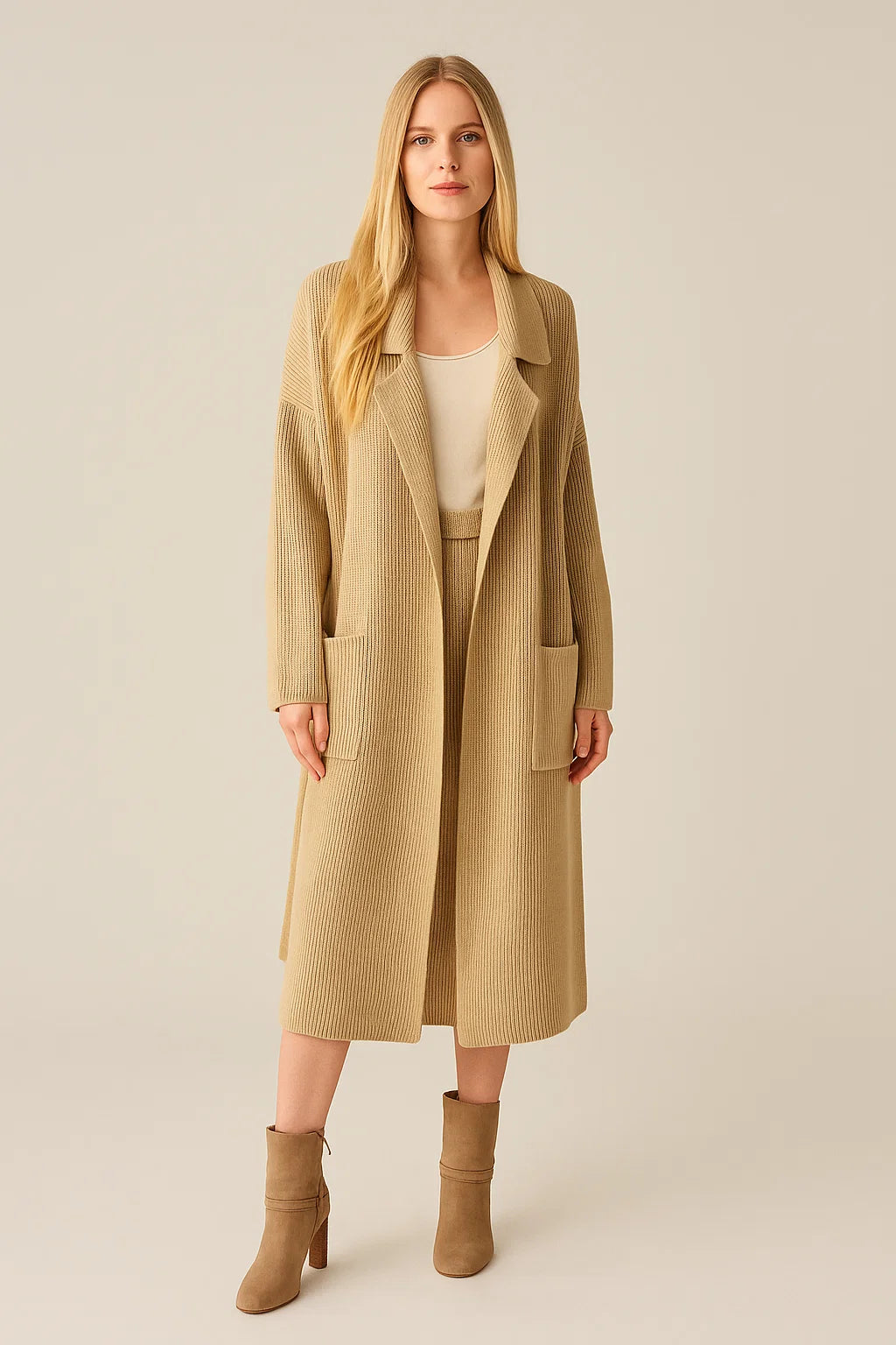 Long Knitted Cardigan Belted Robe Lapel