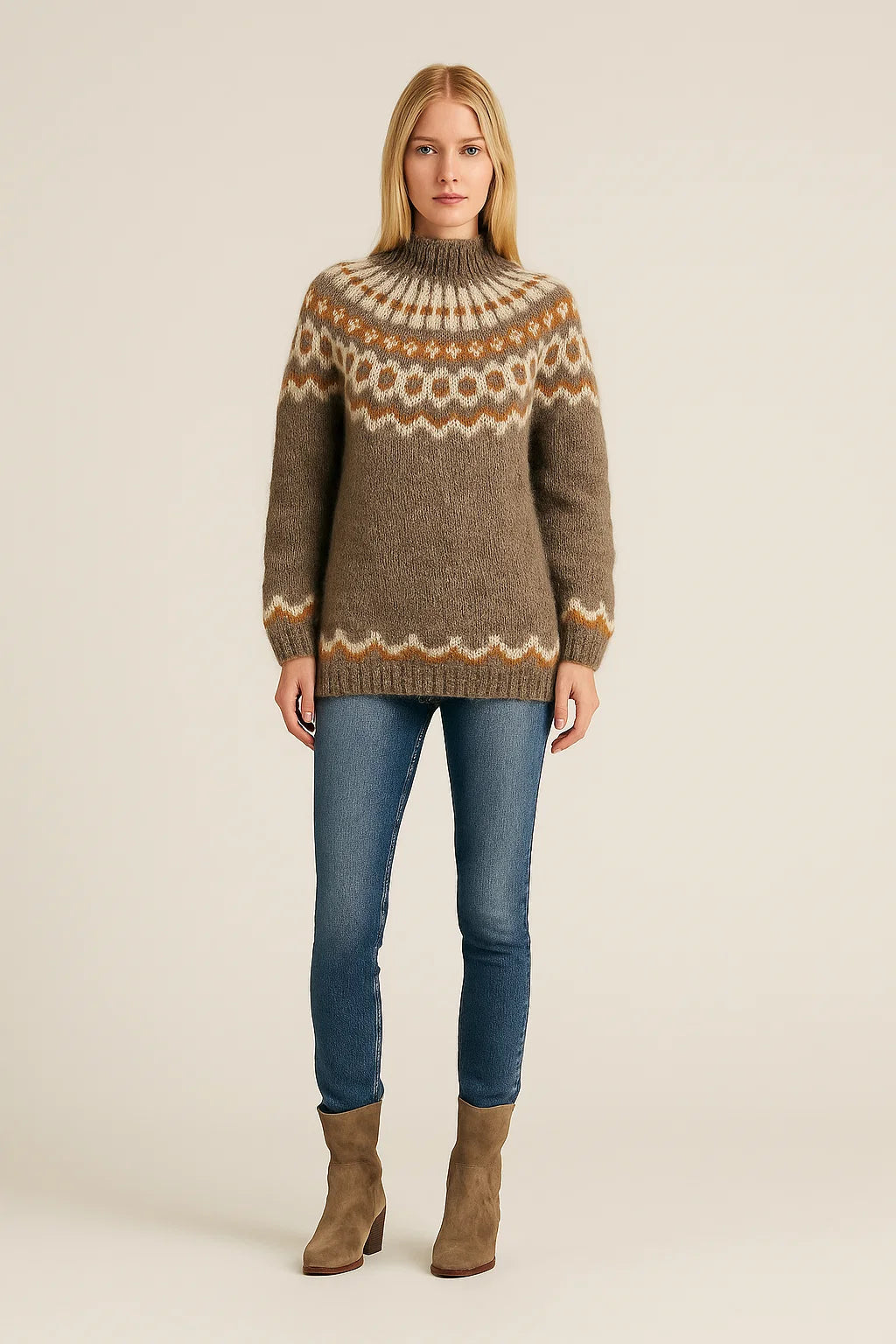 Knit Sweater Women Relaxed Fit Crew Neck Ribbed Trim