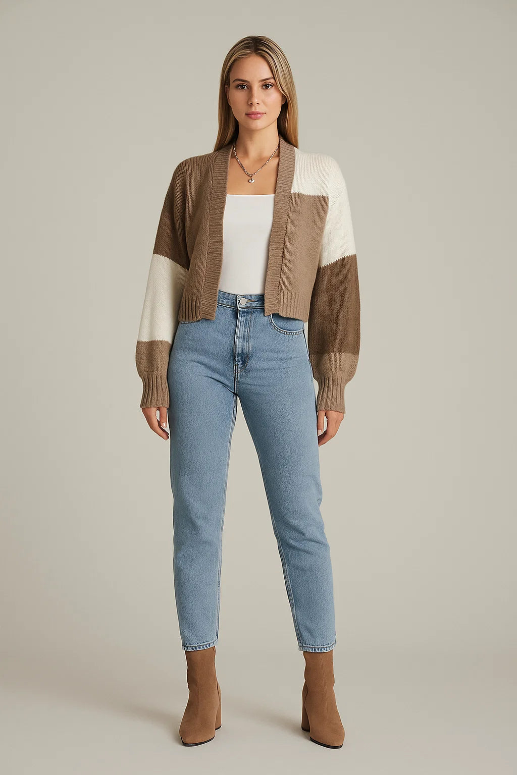 Colorblock Cropped Cardigan Women Stylish Balloon Sleeves and Relaxed Fit