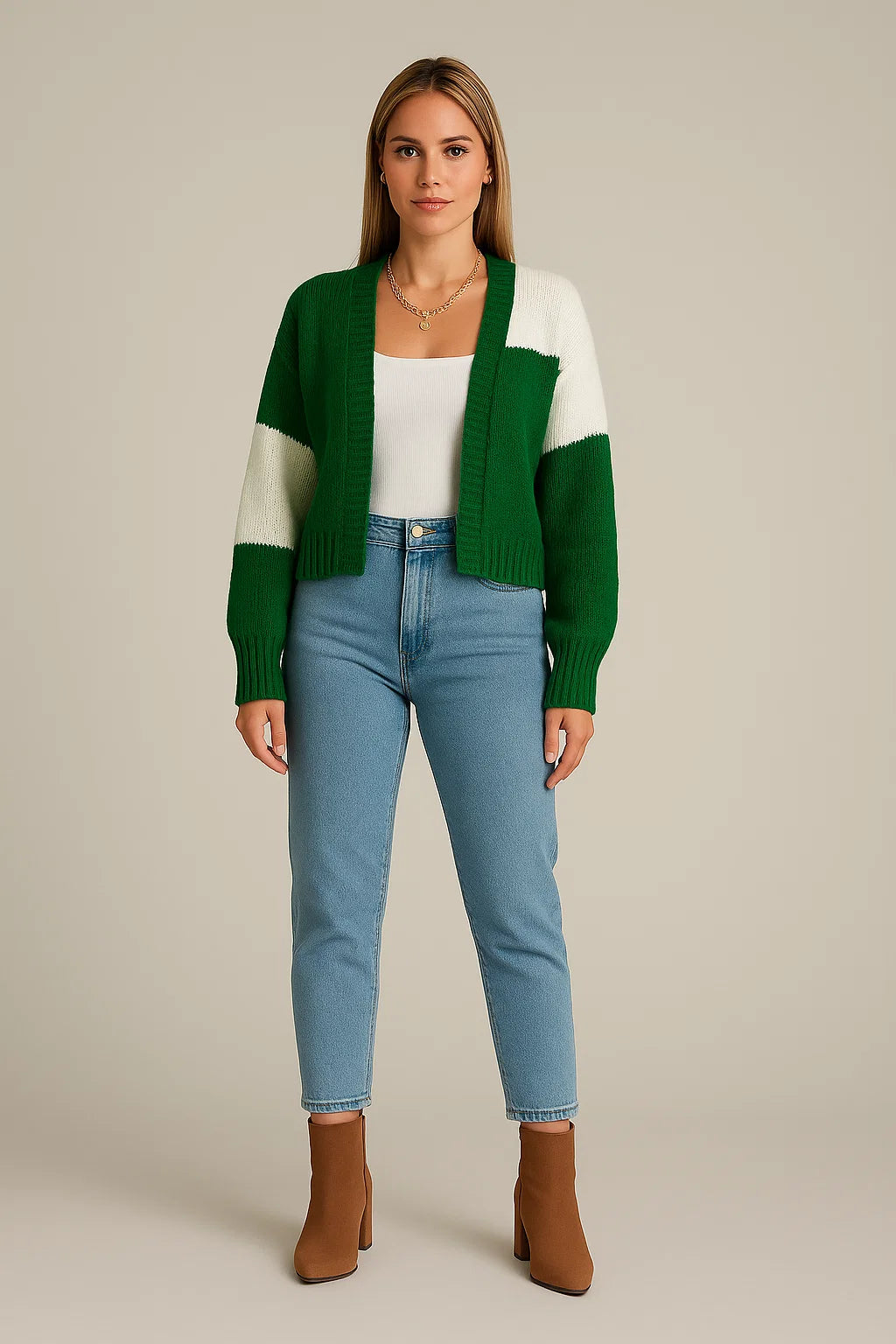 Colorblock Cropped Cardigan Women Stylish Balloon Sleeves and Relaxed Fit
