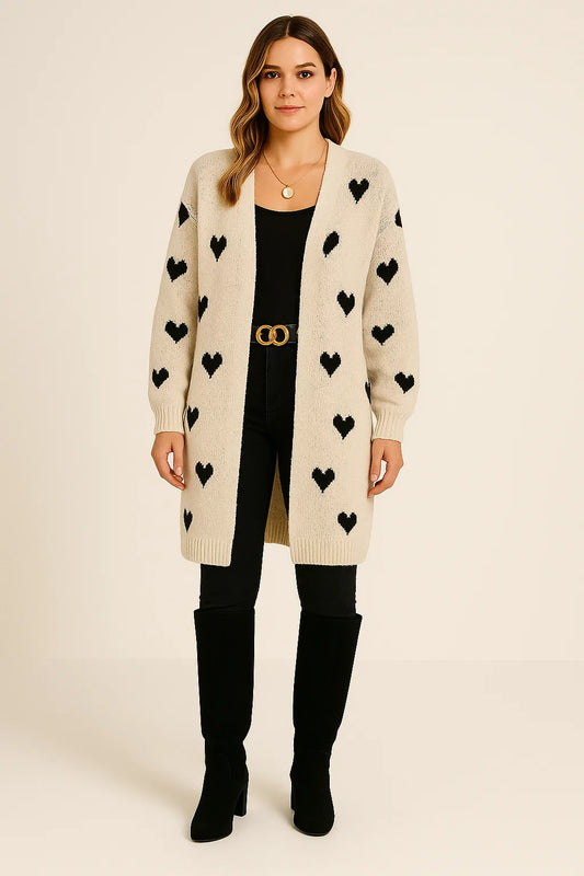 Heart-Print-Cardigan-Vrouwen – Oversized-Fit-en-Knie-Lengte-Design