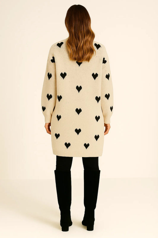 Heart-Print-Cardigan-Vrouwen – Oversized-Fit-en-Knie-Lengte-Design