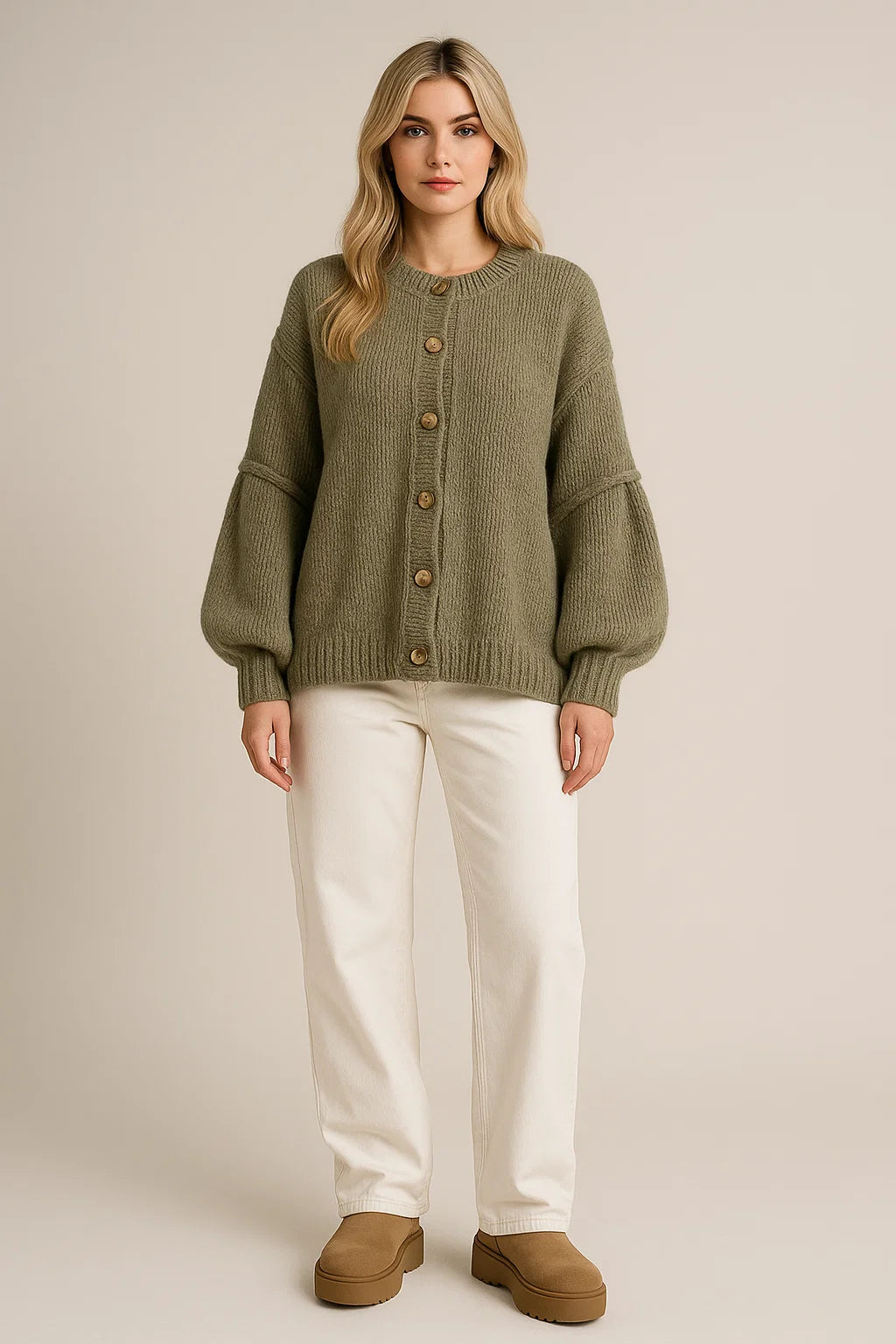 Knitted-Cardigan-Women – Oversized-Fit-and-Gold-Button-Details