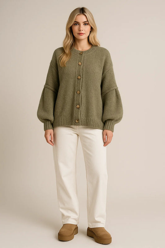 Knitted-Cardigan-Women – Oversized-Fit-and-Gold-Button-Details