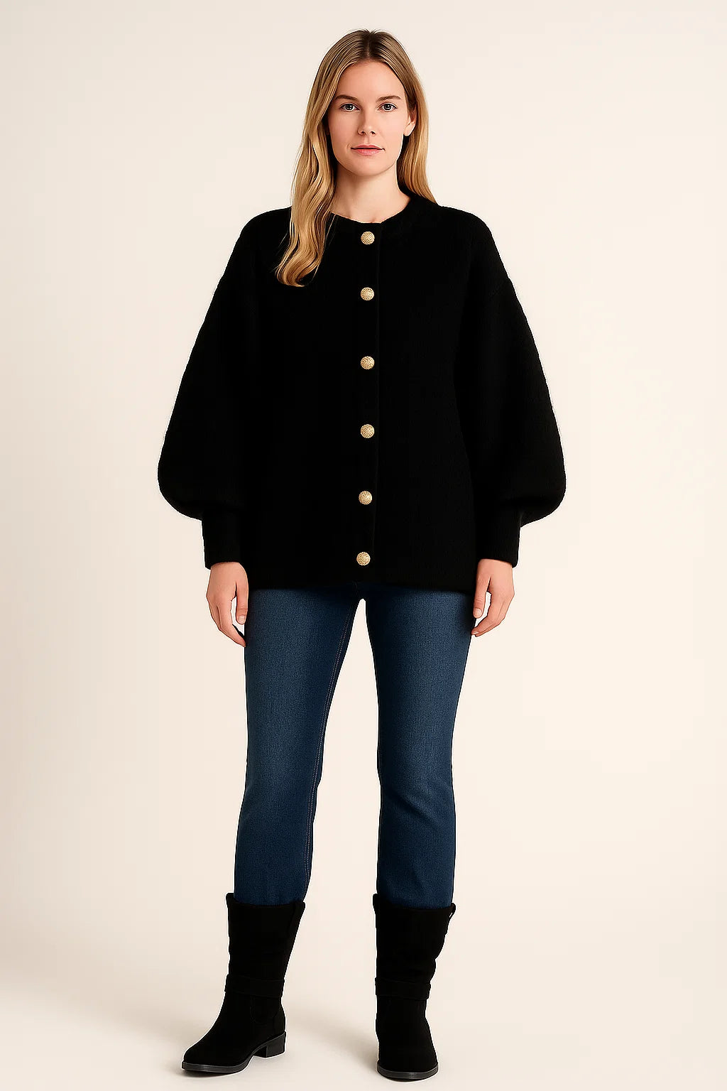 Knitted-Cardigan-Women – Oversized-Fit-and-Gold-Button-Details