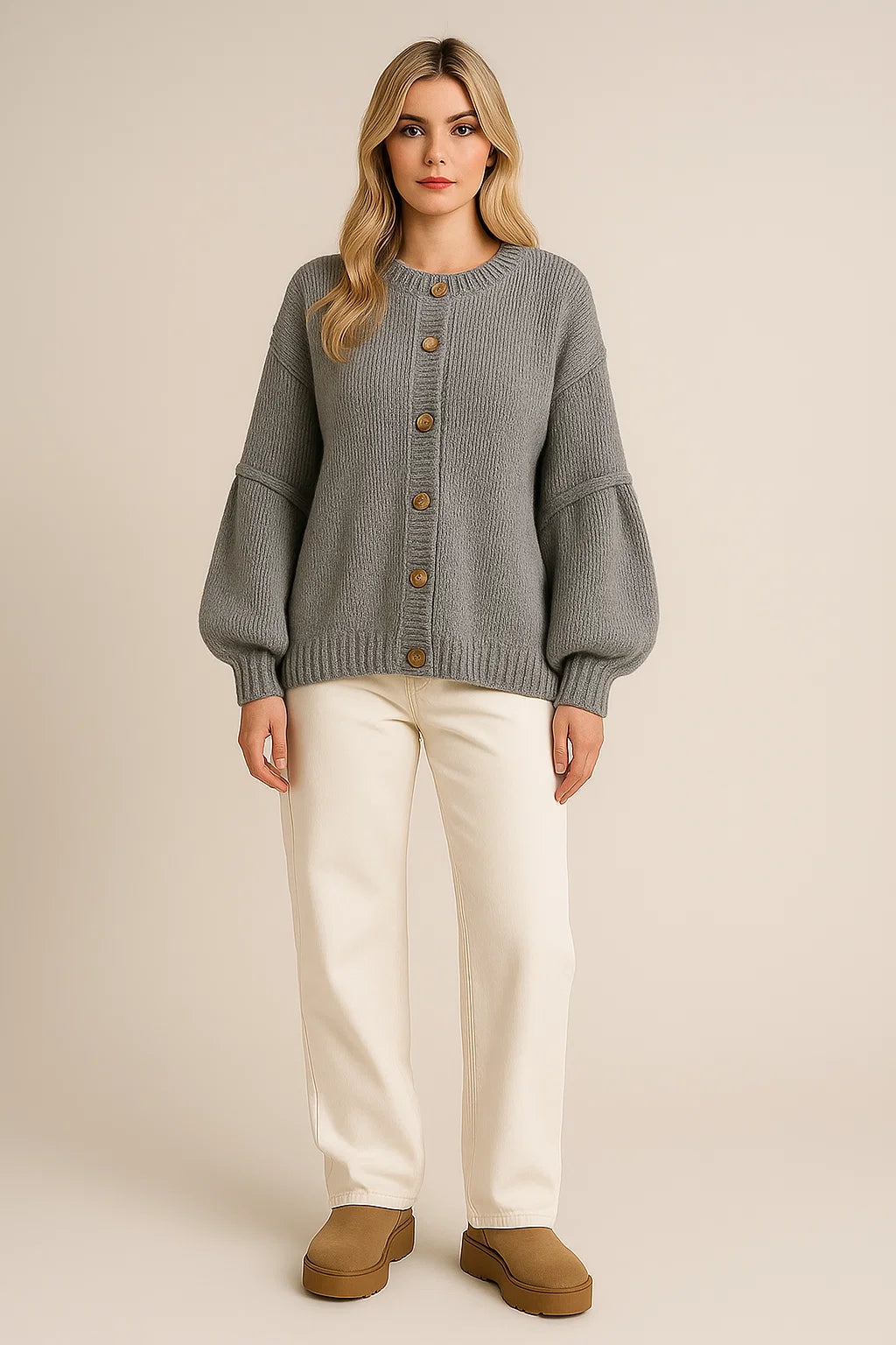 Knitted Cardigan Women Oversized Gold Button Details