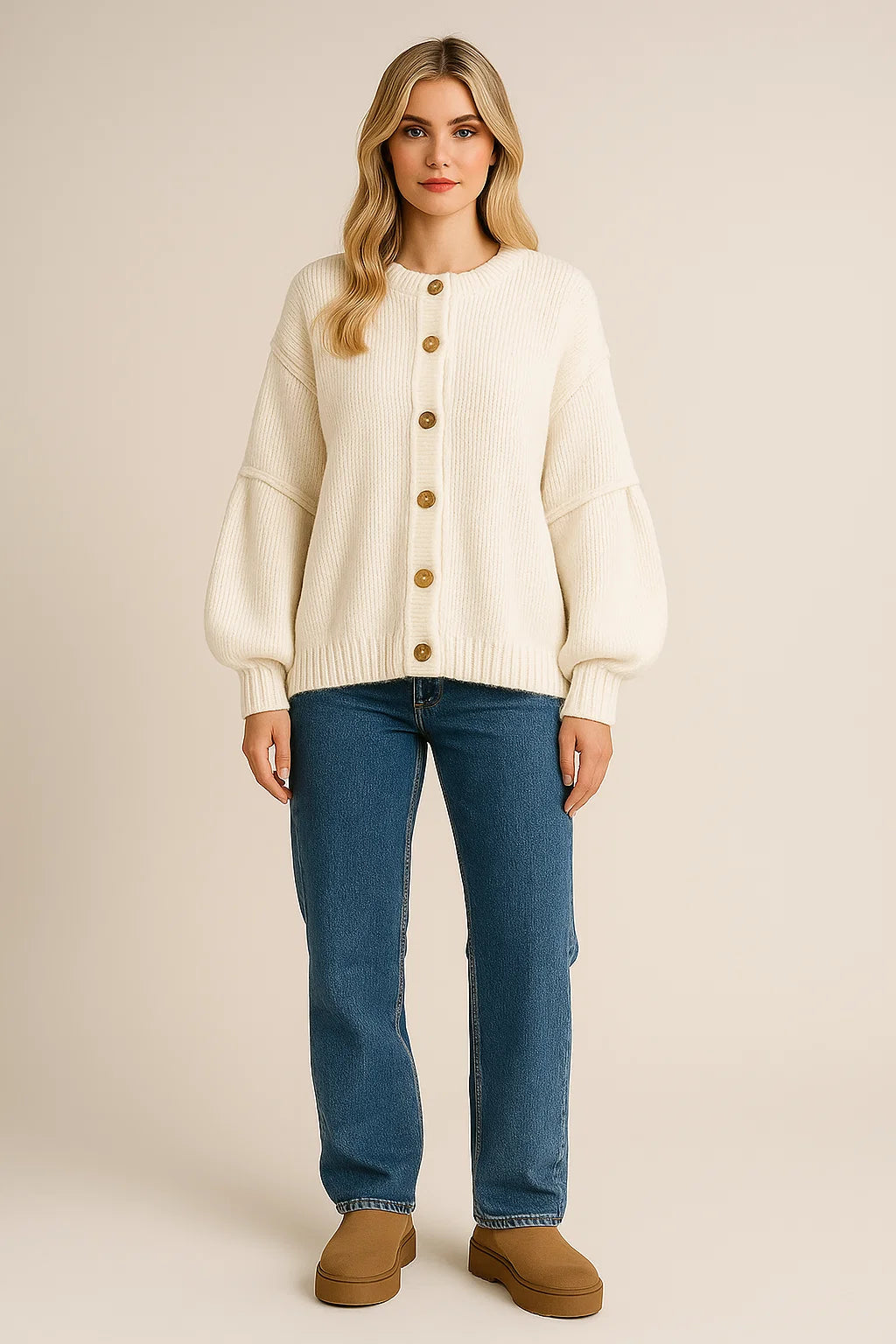 Knitted-Cardigan-Women – Oversized-Fit-and-Gold-Button-Details