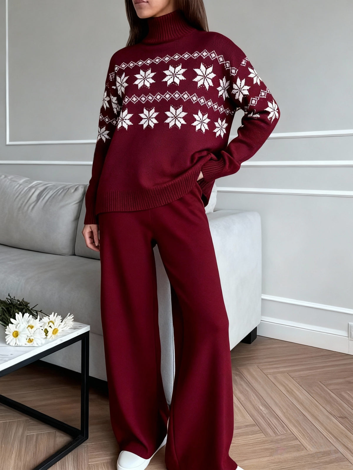 Women's Turtleneck Knit Jumper and Wide-Leg Trousers Set