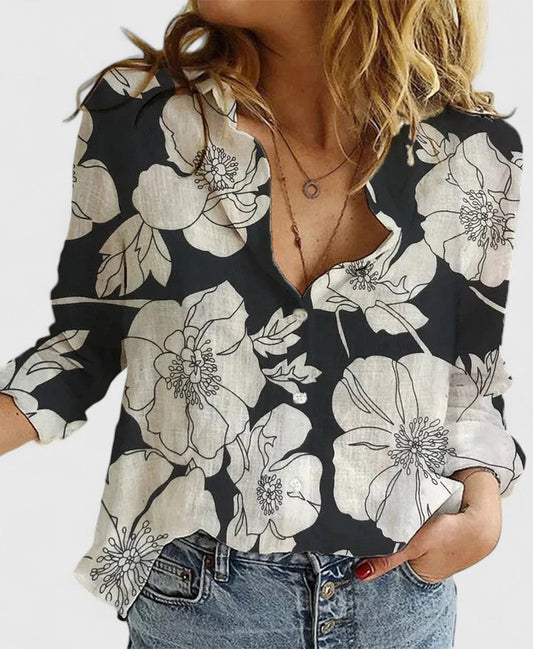 Lapel Collar Long Sleeve Button-Down Blouse